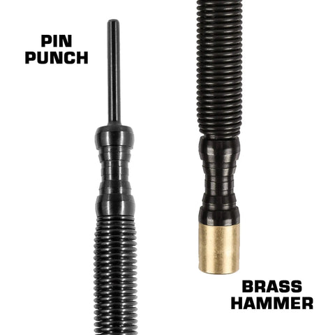 The Pro Combo Kit (Brass) by Hammerless Tools LLC includes two black metal tools: a PIN PUNCH for removing door hinge pins with its thin tip and a BRASS HAMMER featuring a brass, cylindrical end. Both have ribbed, textured handles.