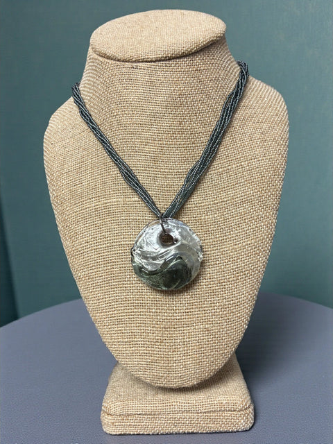 Hand-Blown Murano Glass Circular Pendant Necklace – Silver Gray Swirl with Navy Multi-Strand Beads | Made in USA Michelle Marie Boutique  Necklaces