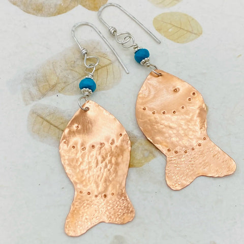 Hand Forged Copper Fish Earrings With Turquoise Accents – Janecka | Made in USA Janecka 