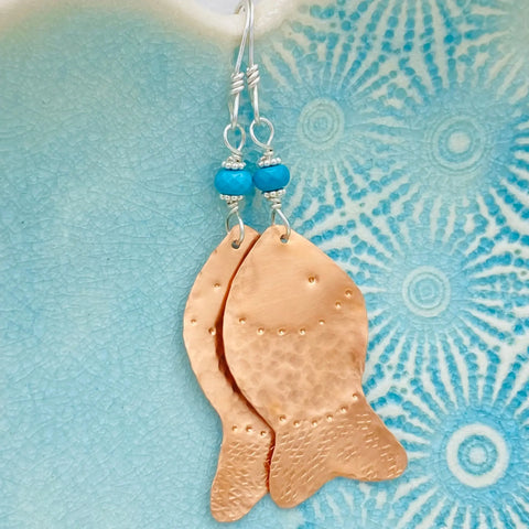 Hand Forged Copper Fish Earrings With Turquoise Accents – Janecka | Made in USA Janecka 