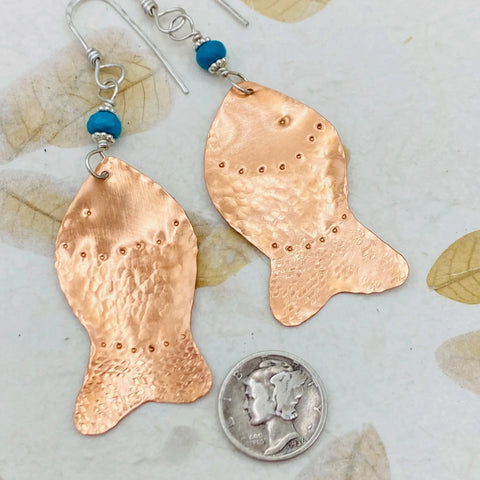 Hand Forged Copper Fish Earrings With Turquoise Accents – Janecka | Made in USA Janecka 