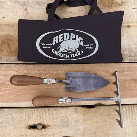 Hand-Forged Trowel and Cultivating Hand Rake Set – Durable Gardening Tools with Tote Bag | Made in USA Piginor by Red Pig Garden Tools 