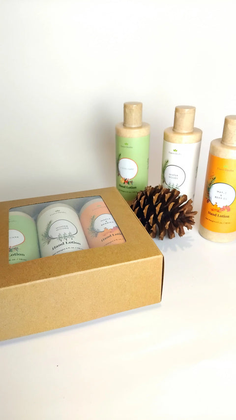 Forev'Herbs Hand Lotion Gift Set features six pastel bottles—three standing, three in a brown box—accented by a pinecone on white. Perfect for gifting, this set brings cozy autumn and winter vibes.