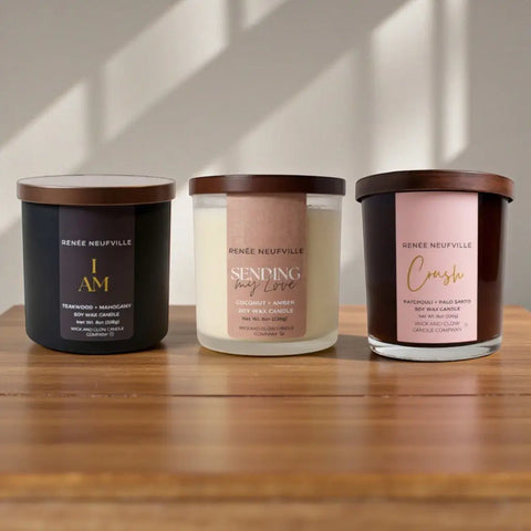 Hand-Poured Love Scented Candle Trio – Coconut Amber, Patchouli Palo Santo, Teakwood Mahogany | Made in USA Wick and Glow Candle Company™  Candles