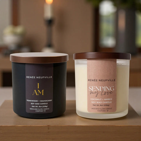 Hand-Poured Scenting My Love Candle Duo – 8.5 oz Coconut Soy Wax – I Am Teakwood Mahogany & Sending My Love Coconut Amber | Made in USA Wick and Glow Candle Company™  Candles