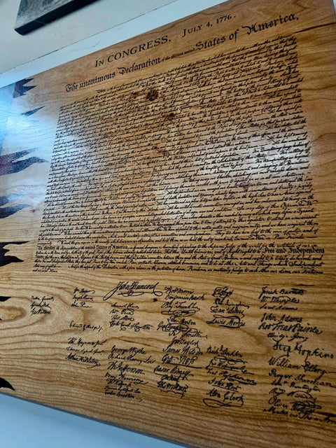 Hand-Stained Cherry Wood Declaration of Independence Flag 19x34 Inch – Patriotic Wall Decor | Made in USA American Grains LLC 