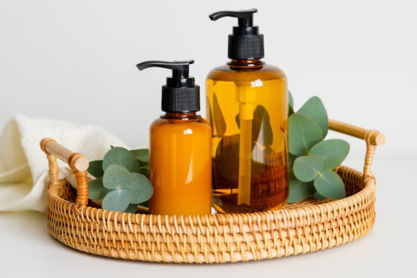 Two amber glass bottles with black pumps on a woven tray with eucalyptus leaves.
