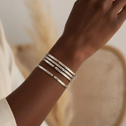 Handcrafted 10 Gauge Sterling Silver Hammered Open Bangle Bracelet – Adjustable | Made in USA Alexa Martha Designs  Bangle