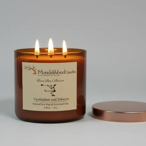 Handcrafted 17 oz Cardamon Tobacco Scented Soy Candle 3 Wick – Long Lasting Burn | Made in USA MorninWood Candles  3 Wick Candle