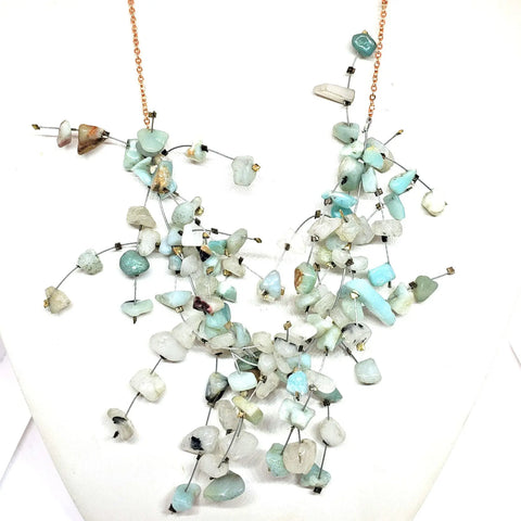 Handcrafted 20 Inch Amazonite Gemstone Necklace – Aqua Blue Spray Design on Rose Gold Chain | Made in USA Michelle Marie Boutique  Necklace