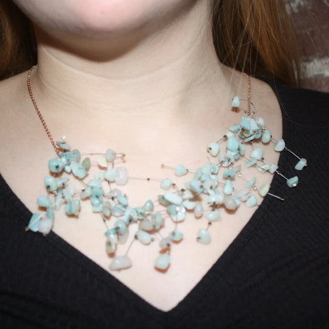 Handcrafted 20 Inch Amazonite Gemstone Necklace – Aqua Blue Spray Design on Rose Gold Chain | Made in USA Michelle Marie Boutique  Necklace