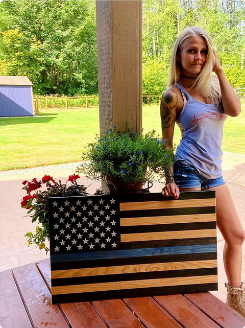 Handcrafted 34 Inch Cherry Hardwood Thin Blue Line Flag – Laser Engraved Wall Decor | Made in USA American Grains LLC  Wooden American Flag