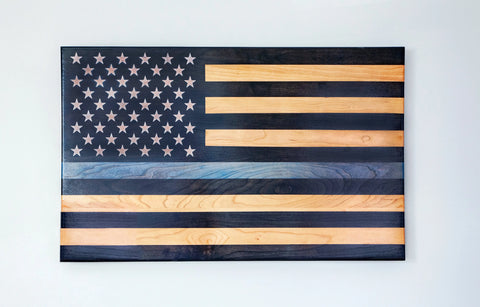 Handcrafted 34 Inch Cherry Hardwood Thin Blue Line Flag – Laser Engraved Wall Decor | Made in USA American Grains LLC  Wooden American Flag
