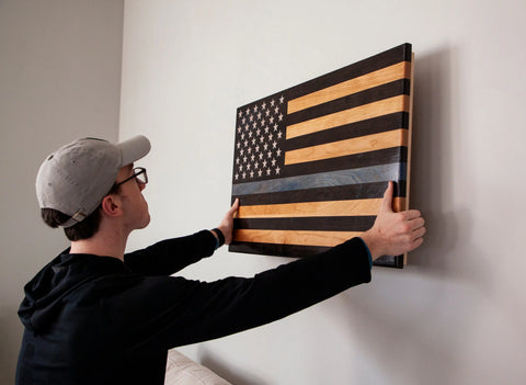 Handcrafted 34 Inch Cherry Hardwood Thin Blue Line Flag – Laser Engraved Wall Decor | Made in USA American Grains LLC  Wooden American Flag