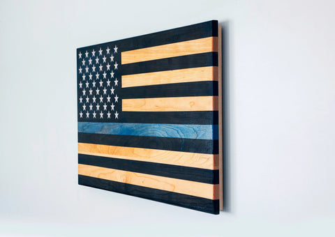 Handcrafted 34 Inch Cherry Hardwood Thin Blue Line Flag – Laser Engraved Wall Decor | Made in USA American Grains LLC  Wooden American Flag