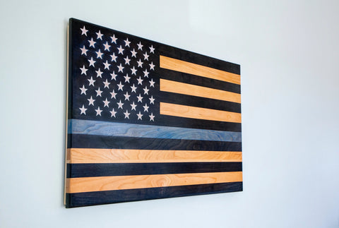 Handcrafted 34 Inch Cherry Hardwood Thin Blue Line Flag – Laser Engraved Wall Decor | Made in USA American Grains LLC  Wooden American Flag