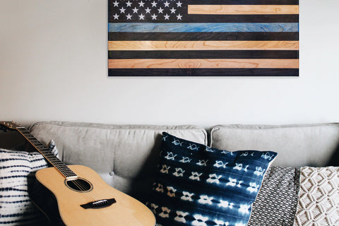 Handcrafted 34 Inch Cherry Hardwood Thin Blue Line Flag – Laser Engraved Wall Decor | Made in USA American Grains LLC  Wooden American Flag