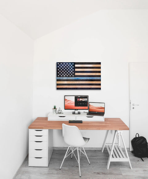 Handcrafted 34 Inch Cherry Hardwood Thin Blue Line Flag – Laser Engraved Wall Decor | Made in USA American Grains LLC  Wooden American Flag