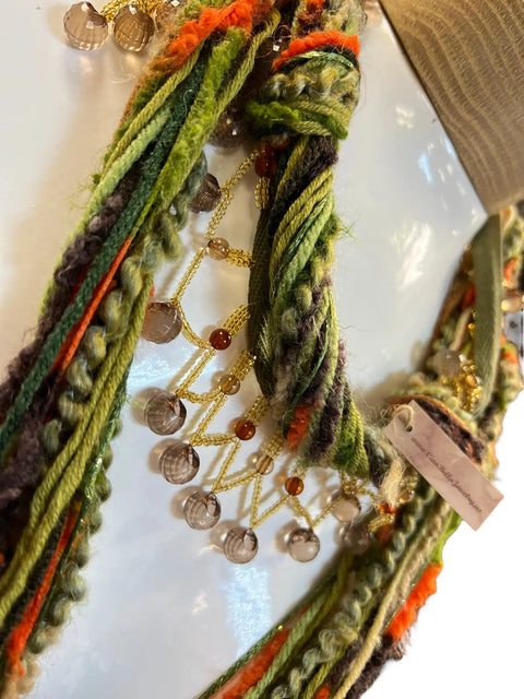 Boho Beaded Lightweight Mohair Scarf Necklace - Burnt Orange and Green Michelle Marie Boutique  Scarf