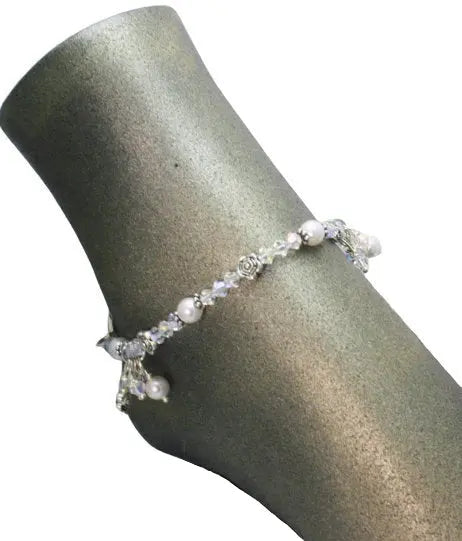 Handcrafted 9 Inch Austrian Crystal and Pearl Ankle Bracelet With Silver Rose Accents – Wedding Jewelry | Made in USA Michelle Marie Boutique  Anklet