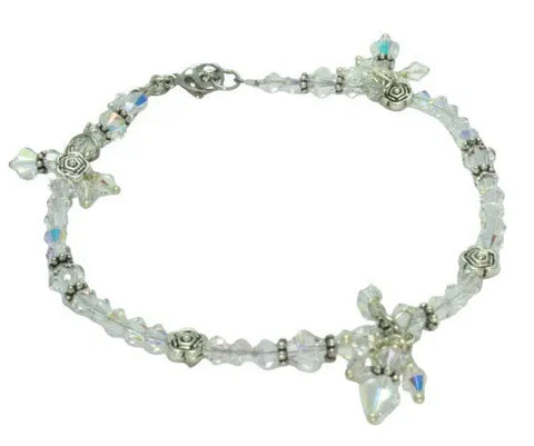 Handcrafted 9 Inch Austrian Crystal and Pearl Ankle Bracelet With Silver Rose Accents – Wedding Jewelry | Made in USA Michelle Marie Boutique  Anklet