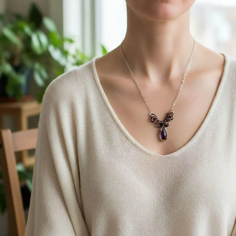 Handcrafted Amethyst Crystal Wire Sculpted Necklace – Sterling Silver Copper | Made in USA Alexa Martha Designs  Necklace