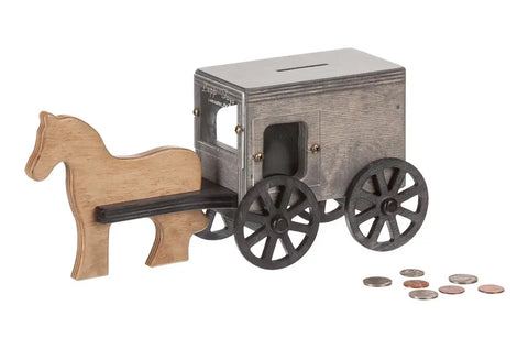 Handcrafted Amish Wooden Horse and Buggy Penny Bank – 13 Inch Toy with Rolling Wheels | Made in USA Amish Toy Box  Wooden Toys