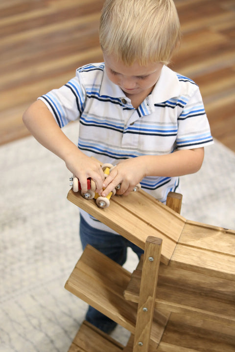 Handcrafted Amish Wooden Kids Roller Racetrack Toy Double Track with 4 Cars | Made in USA Amish Toy Box  Wooden Toys,Marble and Ball Rollers