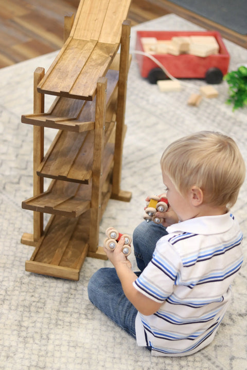 Handcrafted Amish Wooden Kids Roller Racetrack Toy Double Track with 4 Cars | Made in USA Amish Toy Box  Wooden Toys,Marble and Ball Rollers
