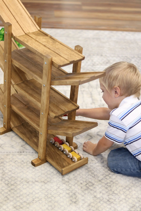 Handcrafted Amish Wooden Kids Roller Racetrack Toy Double Track with 4 Cars | Made in USA Amish Toy Box  Wooden Toys,Marble and Ball Rollers
