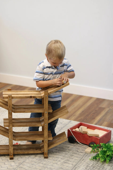 Handcrafted Amish Wooden Kids Roller Racetrack Toy Double Track with 4 Cars | Made in USA Amish Toy Box  Wooden Toys,Marble and Ball Rollers