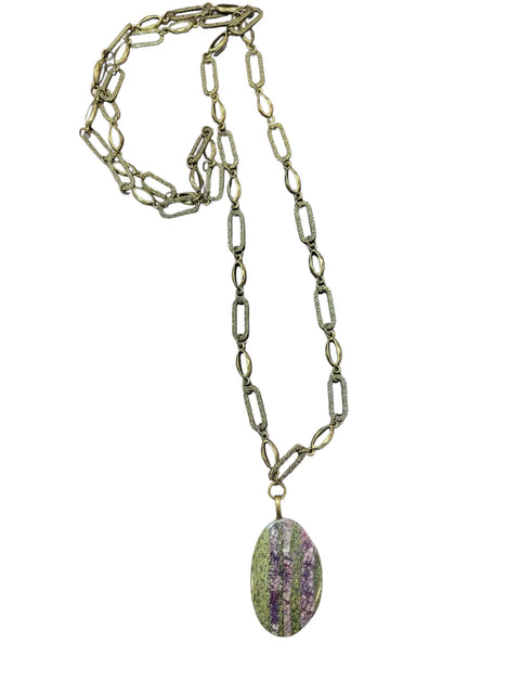 Handcrafted Azurite Gemstone Pendant Necklace 36 Inch Antique Gold Chain – Unique Green Purple Stone | Made in USA Michelle Marie Boutique  Necklace