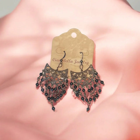 Handcrafted Black Onyx Chandelier Earrings – Copper Filigree Design With Dangle Beads | Made in USA by Ciao Bella Jewelry Michelle Marie Boutique  Earrings