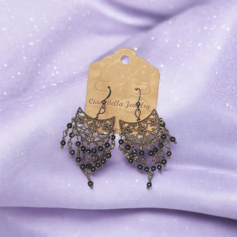 Handcrafted Black Onyx Chandelier Earrings – Copper Filigree Design With Dangle Beads | Made in USA by Ciao Bella Jewelry Michelle Marie Boutique  Earrings