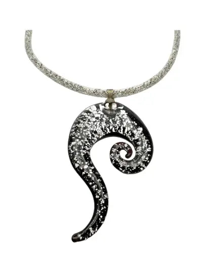 Handcrafted Black White Silver Glass Swirl Pendant Necklace – 18 Inch Seed Bead Cord | Made in USA Michelle Marie Boutique  Necklace