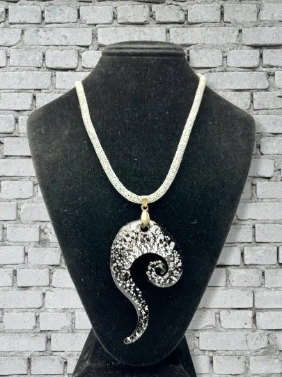 Handcrafted Black White Silver Glass Swirl Pendant Necklace – 18 Inch Seed Bead Cord | Made in USA Michelle Marie Boutique  Necklace
