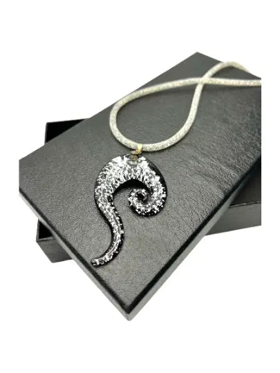 Handcrafted Black White Silver Glass Swirl Pendant Necklace – 18 Inch Seed Bead Cord | Made in USA Michelle Marie Boutique  Necklace