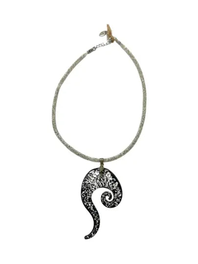 Handcrafted Black White Silver Glass Swirl Pendant Necklace – 18 Inch Seed Bead Cord | Made in USA Michelle Marie Boutique  Necklace