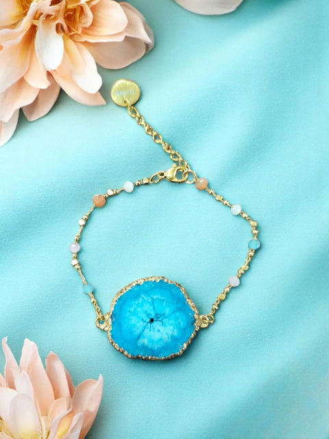 Handcrafted Blue Agate Slice Bracelet – Gold Chain with Crystal Beads | Adjustable 7-8.25 Inch | Made in USA Michelle Marie Boutique  Bracelets
