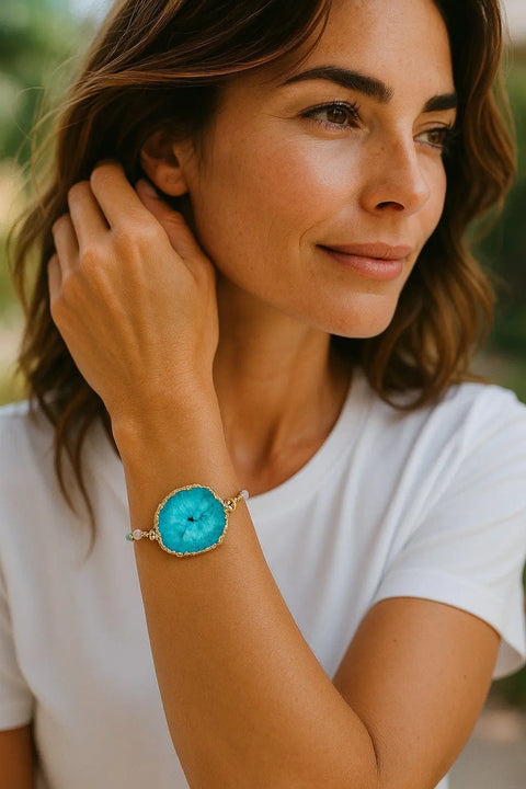Handcrafted Blue Agate Slice Bracelet – Gold Chain with Crystal Beads | Adjustable 7-8.25 Inch | Made in USA Michelle Marie Boutique  Bracelets