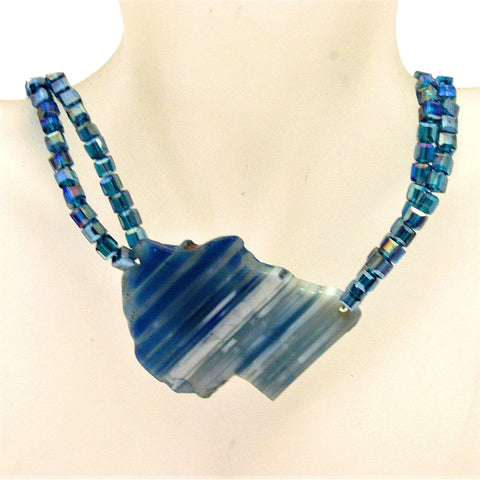 Handcrafted Blue Brazilian Striped Agate Necklace With Deep Aqua Crystal Beads – 19 Inch Adjustable | Made in USA Michelle Marie Boutique  Necklace