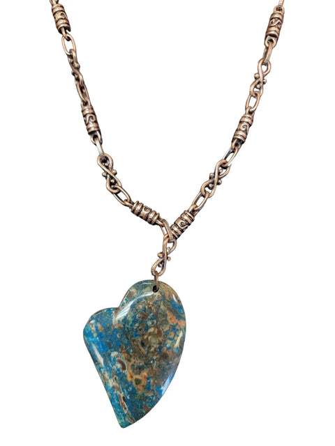 Handcrafted Blue Brown Heart Pendant Necklace 36 Inch Copper Alloy Chain | Made in USA Gift Jewelry Michelle Marie Boutique  Necklace