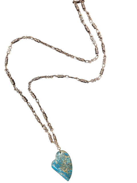 Handcrafted Blue Brown Heart Pendant Necklace 36 Inch Copper Alloy Chain | Made in USA Gift Jewelry Michelle Marie Boutique  Necklace