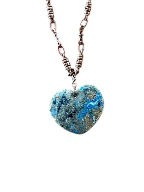Handcrafted Blue Brown Heart Pendant Necklace 36 Inch Copper Alloy Chain | Made in USA Gift Jewelry Michelle Marie Boutique  Necklace