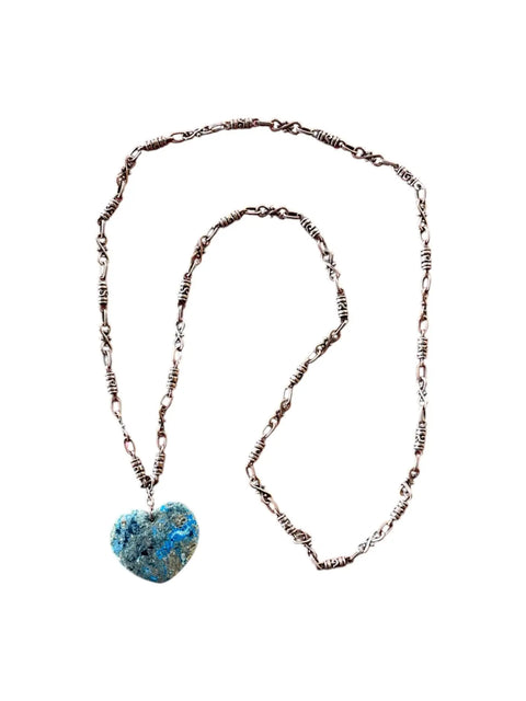 Handcrafted Blue Brown Heart Pendant Necklace 36 Inch Copper Alloy Chain | Made in USA Gift Jewelry Michelle Marie Boutique  Necklace