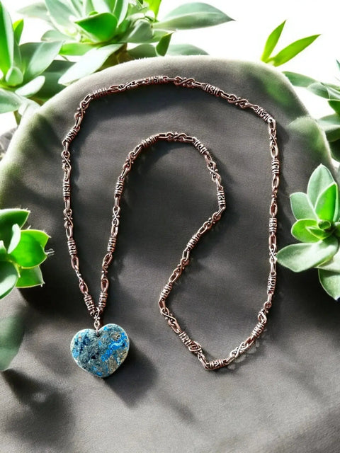 Handcrafted Blue Brown Heart Pendant Necklace 36 Inch Copper Alloy Chain | Made in USA Gift Jewelry Michelle Marie Boutique  Necklace