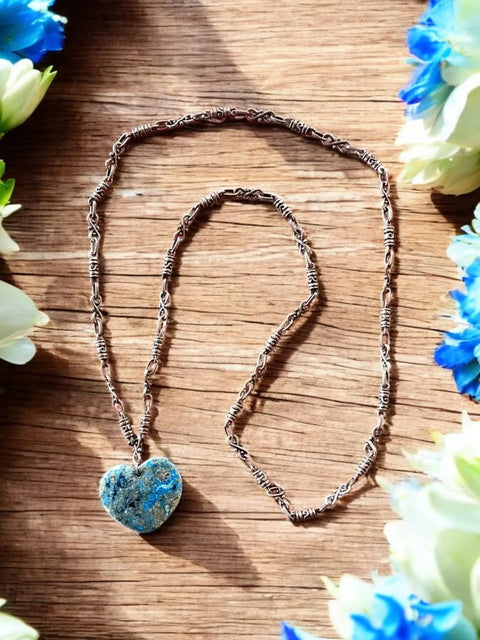 Handcrafted Blue Brown Heart Pendant Necklace 36 Inch Copper Alloy Chain | Made in USA Gift Jewelry Michelle Marie Boutique  Necklace