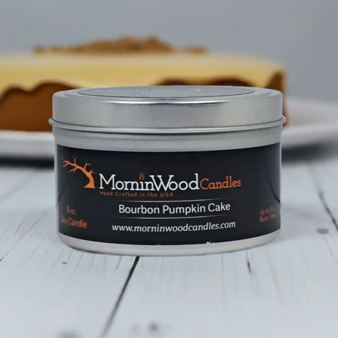 Handcrafted Bourbon Pumpkin Cake Scented Soy Candle 6oz Tin – Seasonal Home Fragrance | Made in USA MorninWood Candles  Candles