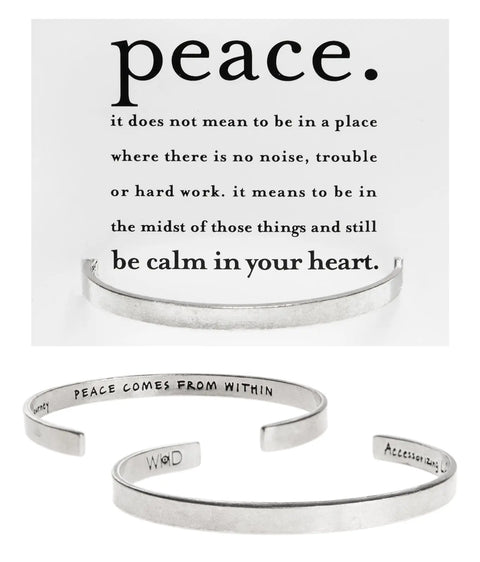 Handcrafted Buddha Quote Pewter Cuff Bracelet – Peace Comes From Within Inspirational Jewelry | Made in USA Whitney Howard Designs  Cuff Bracelets