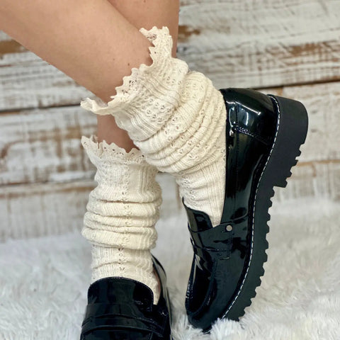 Handcrafted Cable Knit Boot Socks | Natural Beige With Lace Top – Soft Cotton Blend | Made in USA Catherine Cole  socks